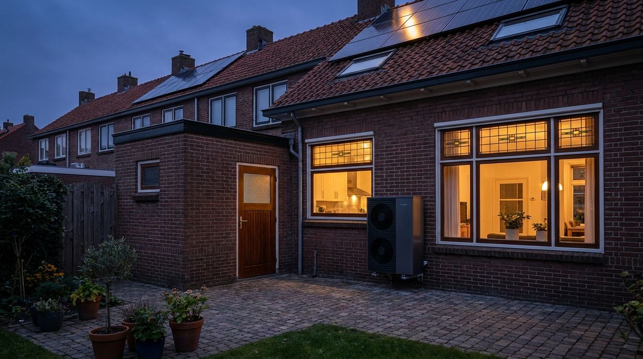 Woning met warmtepomp en zonnepanelen in de avond